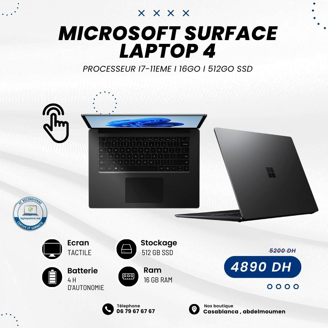 Ordinateur portable Microsoft Surface Laptop 4, processeur Intel Core i7 de 11e génération, 16 Go de RAM 