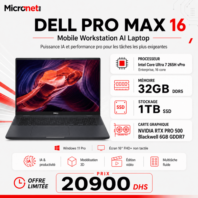 Dell Pro Max 16' Ultra 7 265H, RTX 6GB, 32GB RAM, 1TB SSD PC Portable Workstation | Micronet.ma