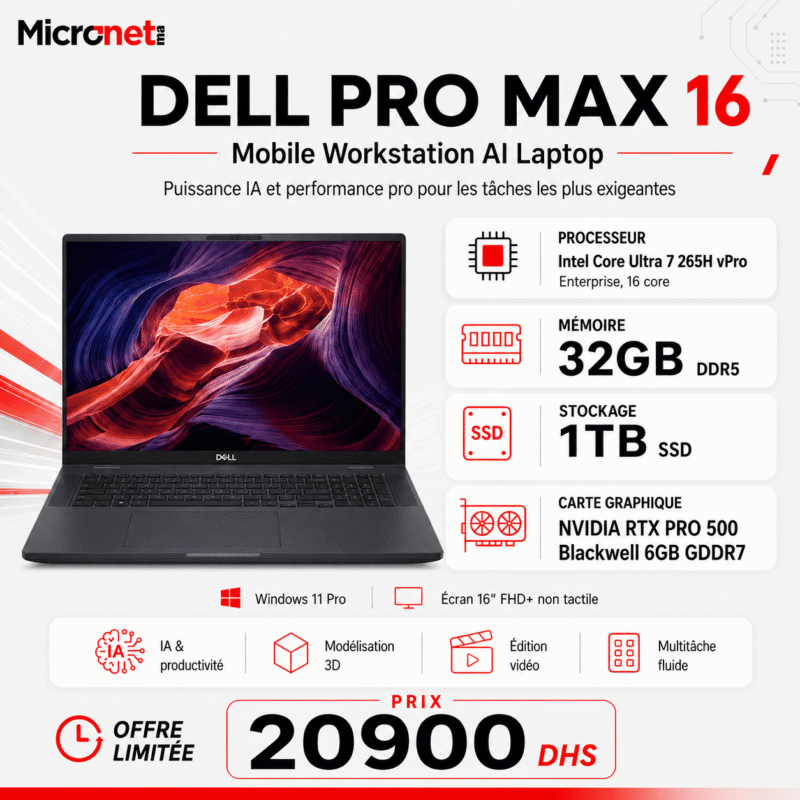 Dell Pro Max 16' Ultra 7 265H, RTX 6GB, 32GB RAM, 1TB SSD PC Portable Workstation | Micronet.ma